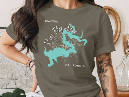 T-shirt with "Pine Flat Lake California" map and compass graphic.