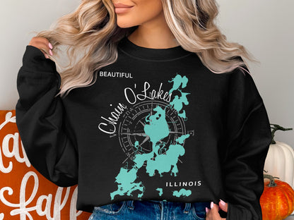 Black sweatshirt with a map of Chain O' Lakes, Illinois.