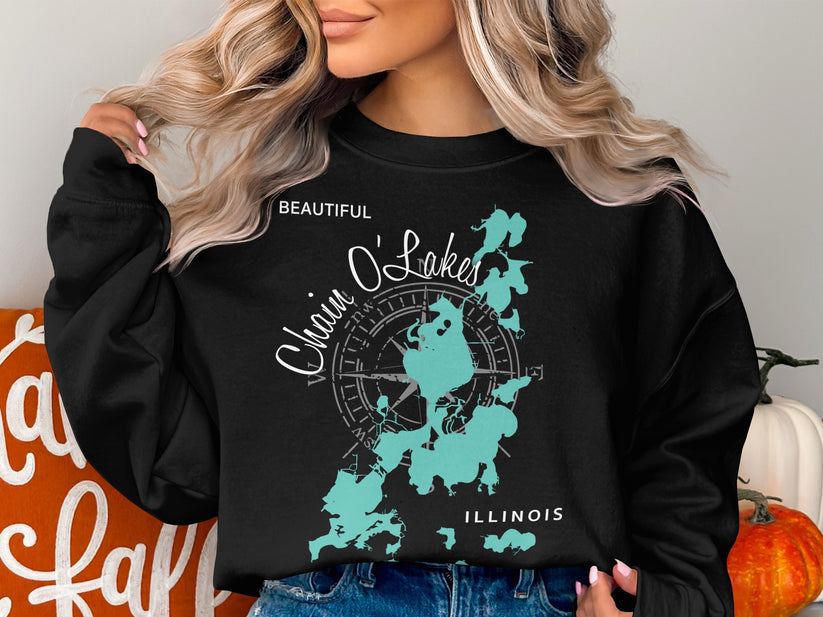 Black sweatshirt with a map of Chain O' Lakes, Illinois.