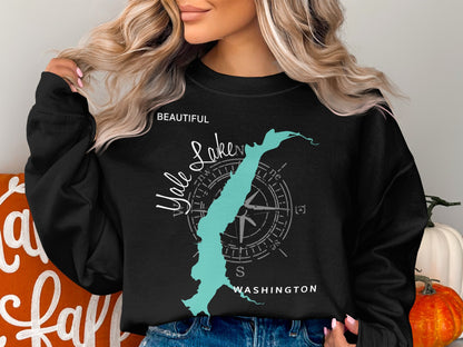 Black sweatshirt with "Beautiful Yale Lakes Washington" and compass design.