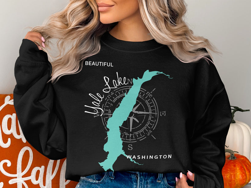 Black sweatshirt with "Beautiful Yale Lakes Washington" and compass design.