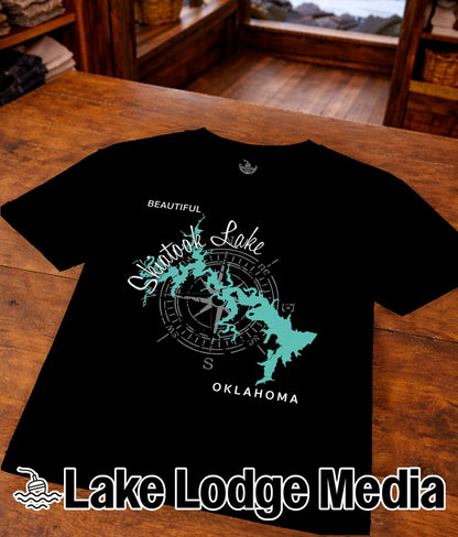 Black t-shirt with "Skookum Lake Oklahoma" map and compass design.