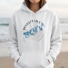 White hoodie with Douglas Lake Tennessee map and compass design.