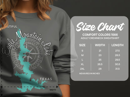 Size chart for Comfort Colors 1566 adult crewneck sweatshirt in inches.