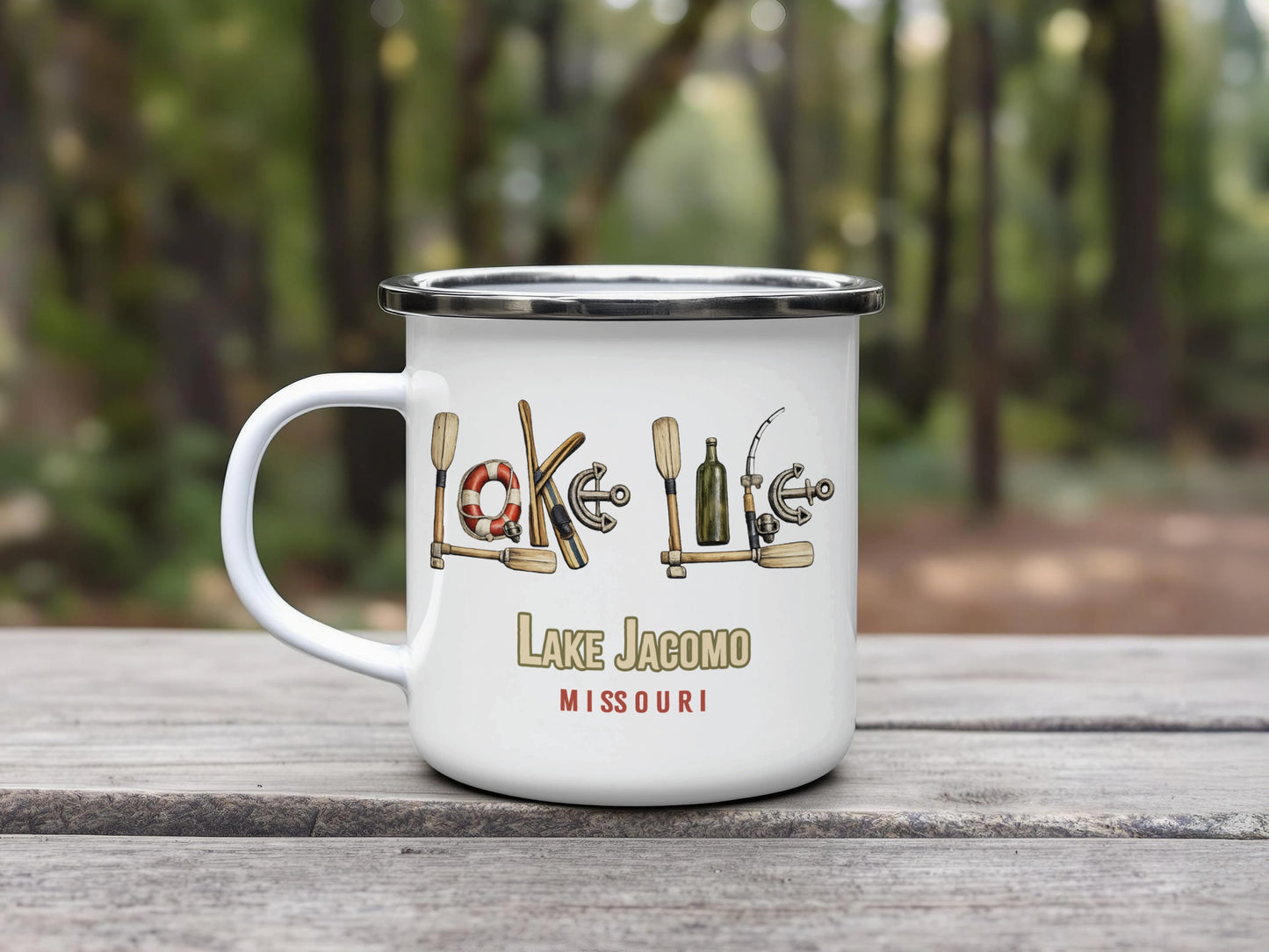 White enamel mug with nautical decorations and "Lake Jacomo" text.