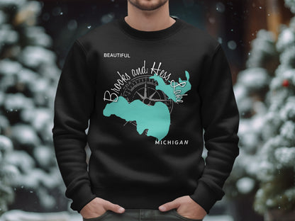 Black sweatshirt with "Brooks and Hess Lake" map and compass design.