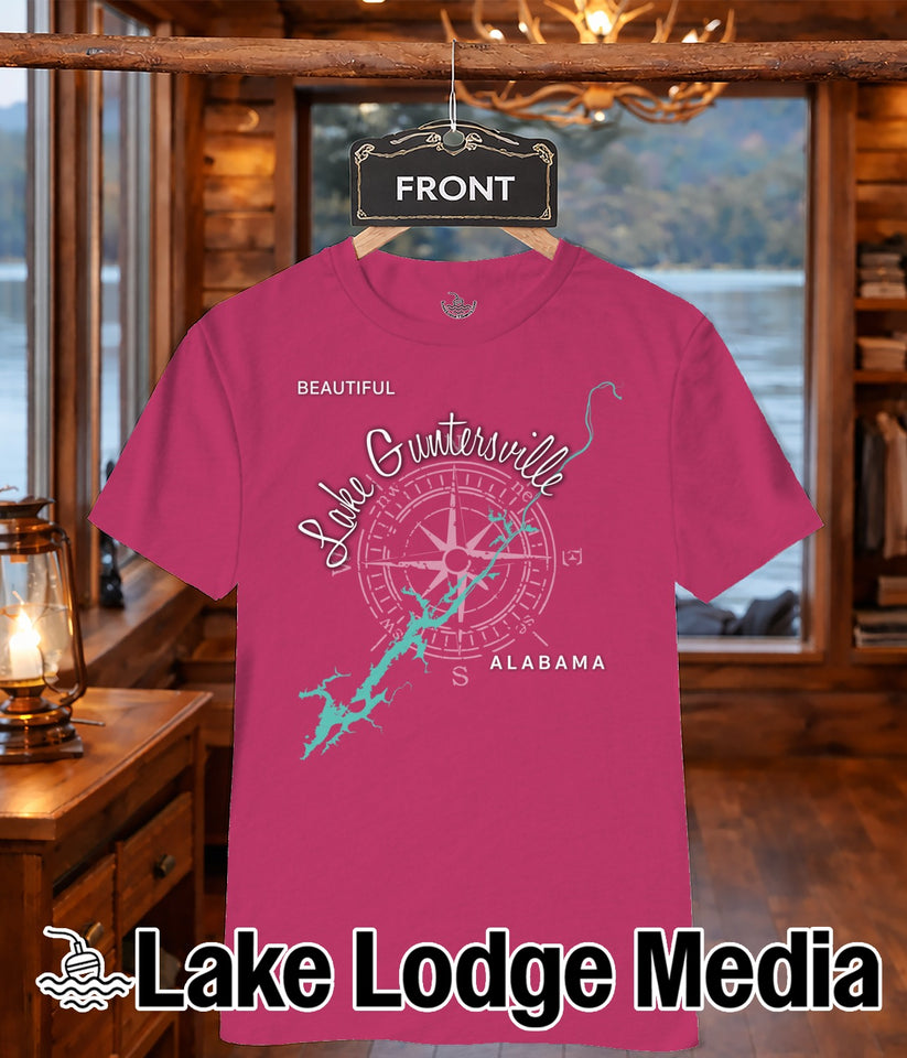 Pink t-shirt with "Lake Guntersville ALABAMA" text and compass design.
