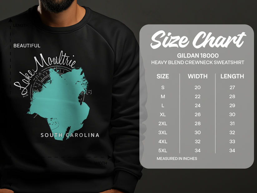 Lake Moultrie, South Carolina graphic on Gildan 18000 sweatshirt size chart.