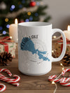 White mug with Clear Lake California map design and compass rose.