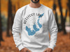 White sweatshirt with Reelfoot Lake Tennessee map on compass graphic.