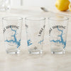 Three clear glasses featuring Lake Harding map, compass, and text.