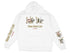 White hoodie with Cedar Creek Lake, Texas graphics on chest and sleeves.