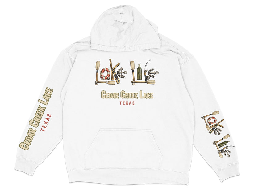 White hoodie with Cedar Creek Lake, Texas graphics on chest and sleeves.