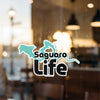 Turquoise map outline over black text that reads "Saguaro Life".