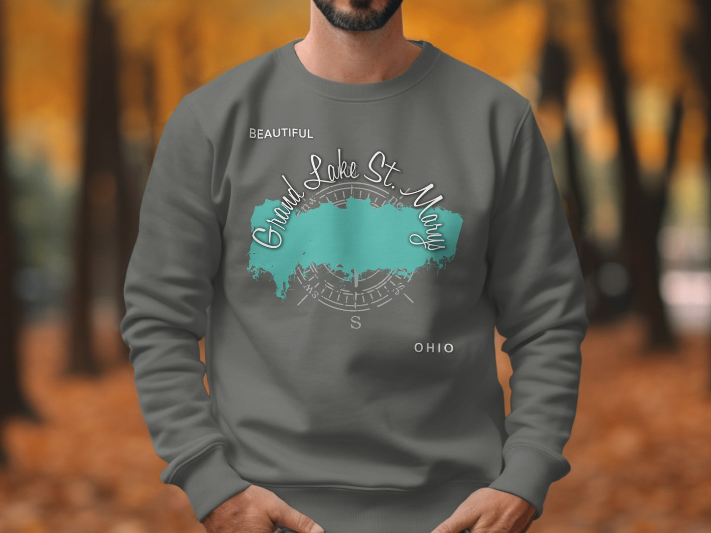 Gray sweatshirt with "Beautiful Grand Lake St. Marys Ohio" text and compass.