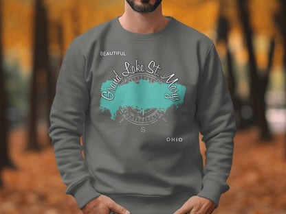 Gray sweatshirt with "Beautiful Grand Lake St. Marys Ohio" text and compass.