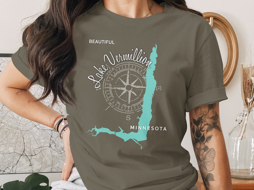 Lake Vermillion Minnesota compass map on a dark green t-shirt.