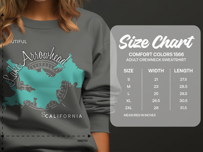 Lake Arrowhead California sweatshirt size chart with measurements.