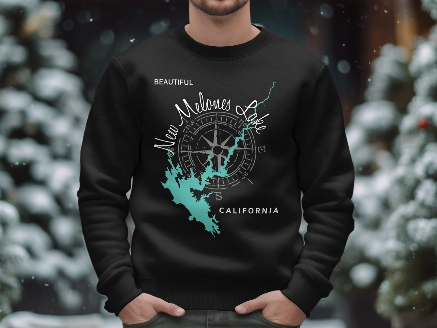 Black sweatshirt with compass and New Melones Lake map graphic, California.