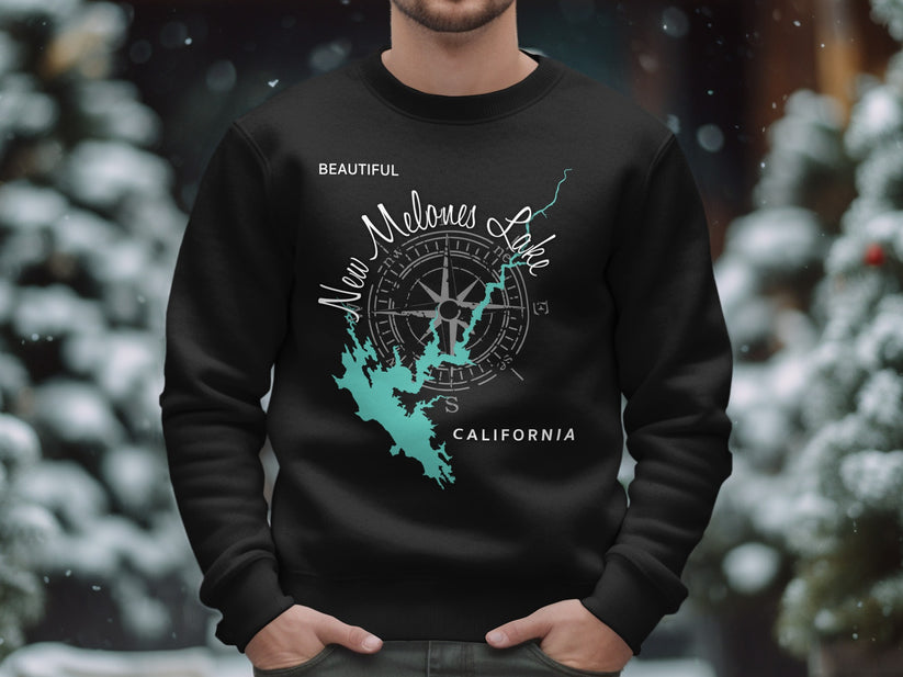 Black sweatshirt with compass and New Melones Lake map graphic, California.