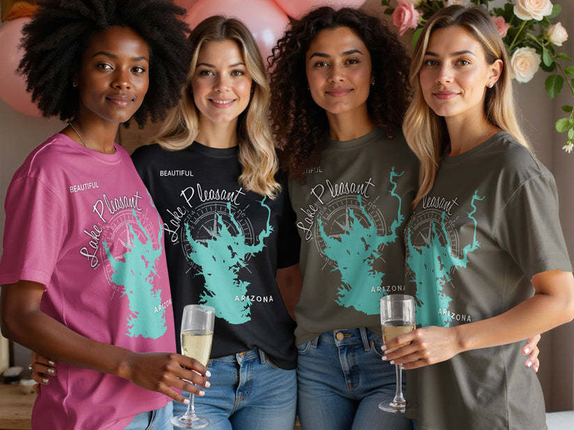Four women wearing t-shirts with "Beautiful Lake Pleasant Arizona" graphic.