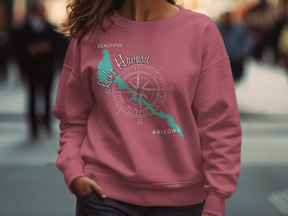 Pink sweatshirt with Lake Havasu Arizona map and compass graphic.