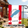 Canadian flag garden flag with Lake Louise map and Smith Family text.