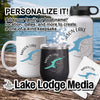 Personalized Mason Lake mug, tumbler, water bottle, and coaster on wooden surface.