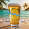 Glass of beer on a beach with "Lake Rayburn" and a marlin graphic.