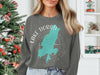 Crewneck sweatshirt with a turquoise map of Lake Tiorati, New York graphic.