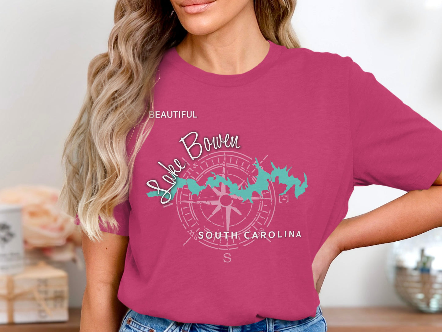 Pink t-shirt with "Lake Bowen Beautiful South Carolina" and compass rose graphic.