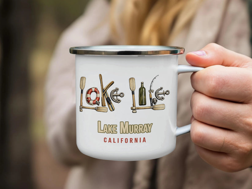 Enamel mug with lake Murray California text and nautical icons.