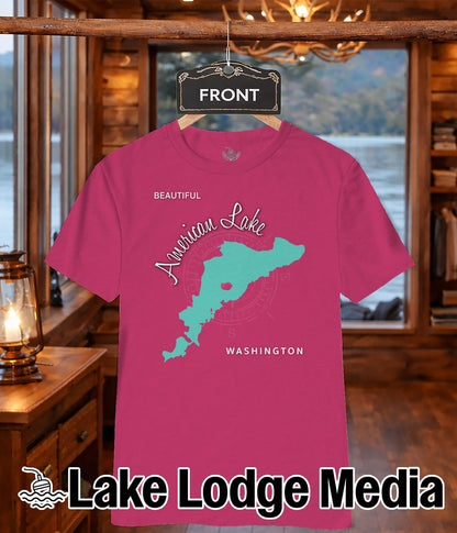 Pink t-shirt with "American Lake Washington" map graphic.