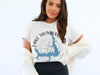White t-shirt with blue Lake Thunderbird Oklahoma map and compass design.