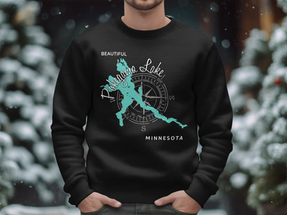 Black sweatshirt with a teal map of Pokegama Lake, Minnesota and a compass.
