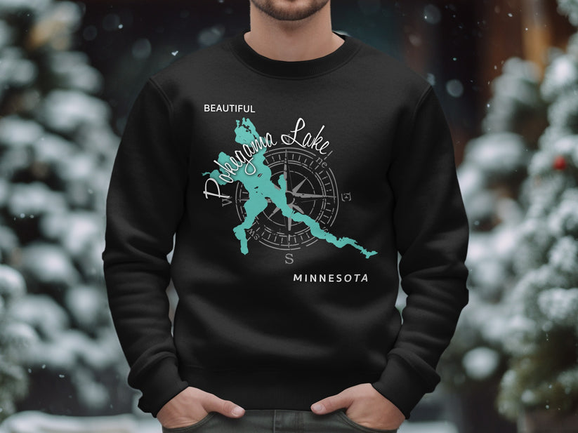 Black sweatshirt with a teal map of Pokegama Lake, Minnesota and a compass.