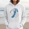White hoodie with blue Eagle Lake California map and compass graphic.