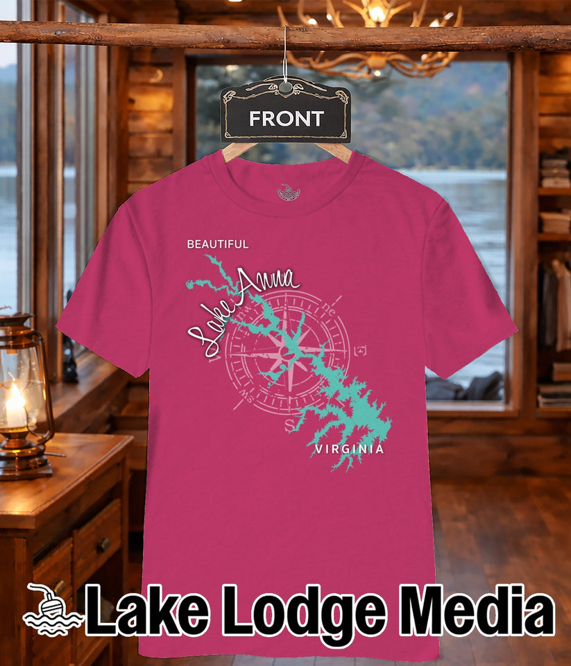 Pink t-shirt with "Lake Anna Virginia" map and compass graphic.
