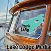 Turquoise outline of Perris Lake with "Perris Life" text on boat window.