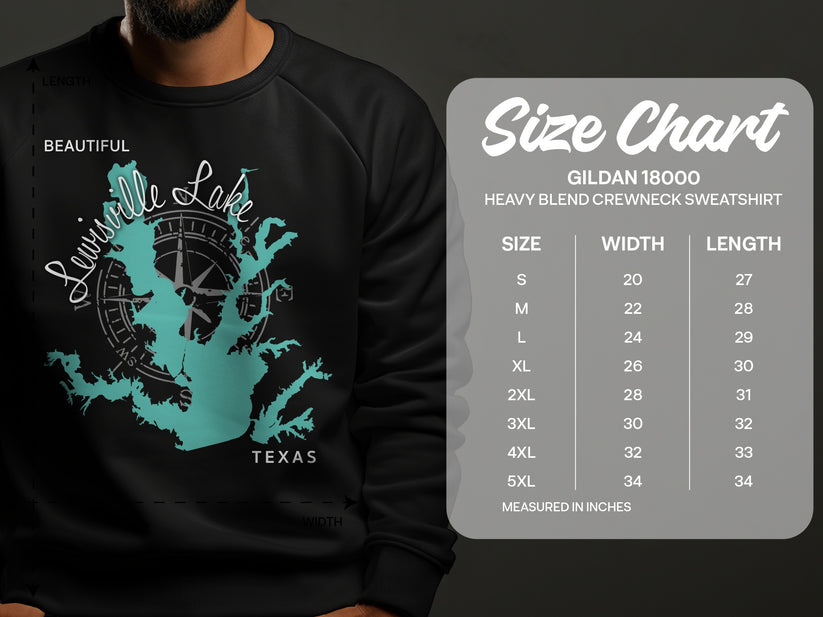 Lewisville Lake Texas map on crewneck sweatshirt with size chart.