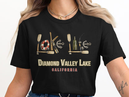 T-shirt graphic with "Lake Diamond Valley Lake California" text and nautical graphics.