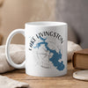 White mug with Lake Livingston map, compass, and Texas outline.