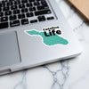 Catalina Life sticker on a laptop with a teal island shape.
