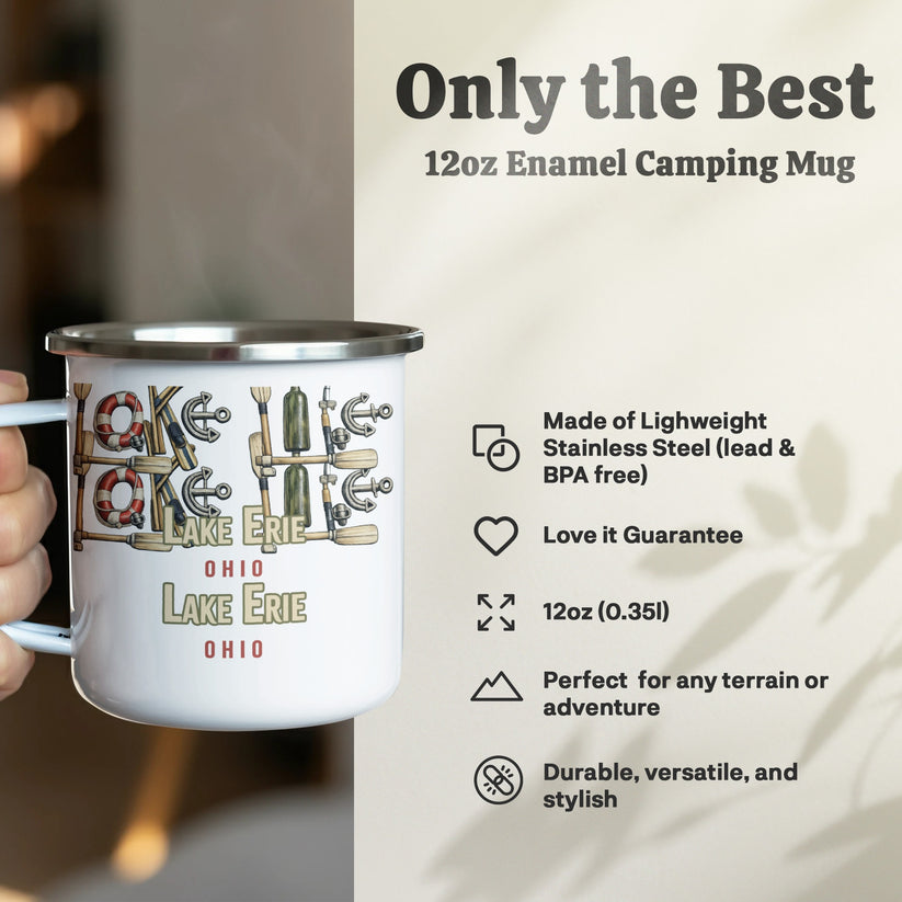 White enamel camping mug with "Lake Erie Ohio" design and product features.