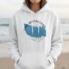 White hoodie with blue Lake McConaughy Nebraska map graphic and compass.