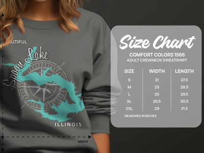 Comfort Colors 1566 size chart for adult crewneck sweatshirts, measured in inches.