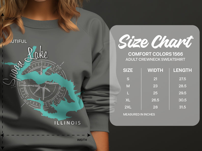 Comfort Colors 1566 size chart for adult crewneck sweatshirts, measured in inches.