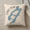 Cream pillow with blue Lake Placid map graphic and "Lake Placid New York" text.