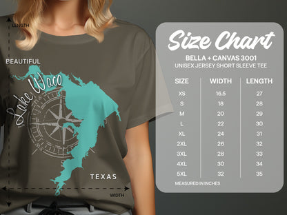 T-shirt with Lake Waco map and size chart for Bella + Canvas 3001 tee.