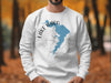 White sweatshirt with blue Lake Waco map and compass design.